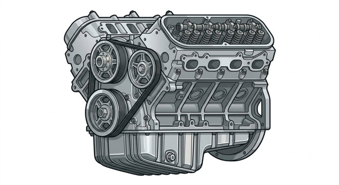 v8 engine block illustration with pulleys and camshaft