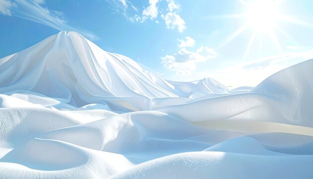 Abstract white fabric landscape under a bright sun and blue sky.