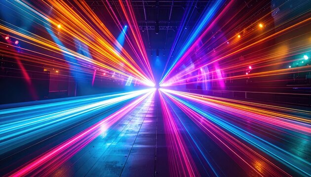 Vibrant laser lights converge at a central point, creating a dynamic tunnel effect.
