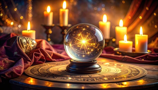 A crystal ball sits on a mystical astrological chart surrounded by lit candles.