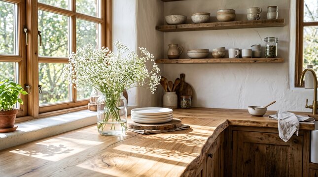  rustic kitchen features wooden countertops and open shelving filled with light-colored pottery. 