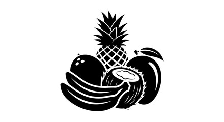 Black and white illustration of tropical fruit with various tropical fruits passionfruit pineapple coconut healthy graphic banana symbol with food © Asim