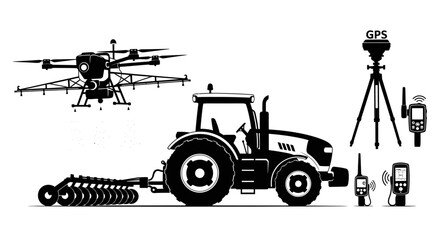 Precision agriculture technology with tractor with white illustration tractor drone various precision technology devices black white controller © Asim