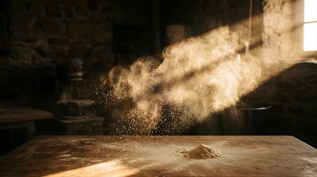 Wheat flour explosion over rustic wooden table in sunlit kitchen
