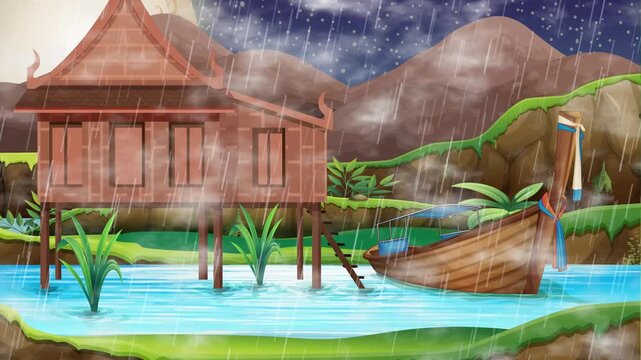 Animated Tropical Rain Falling Over Traditional Thai Stilt House and Boat