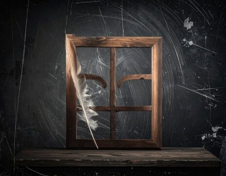 A single feather rests within a weathered wooden frame against a textured dark background.