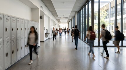 Fototapeta premium Students walking through a modern school hallway