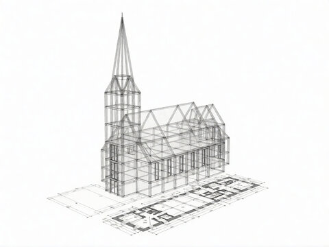 Architectural wireframe drawing of a church with floor plan