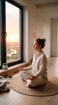 Woman meditating peacefully by large window at sunrise with serene landscape view