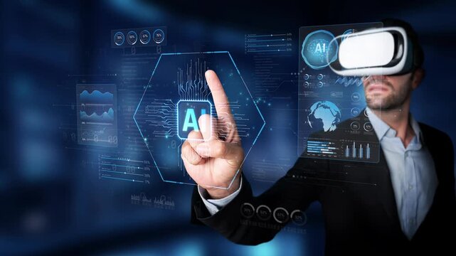 Businessman using virtual reality headset interacting with futuristic AI interface technology in modern office environment Sigmoid