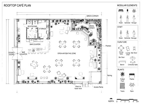 Architectural rooftop cafe plan vector, restaurant floor plan with modular furniture elements, professional blueprint for open air seating zone