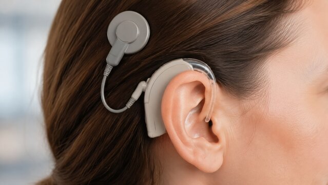 Woman wearing cochlear implant on ear in modern indoor setting  