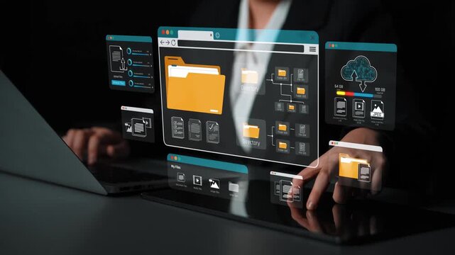 Digital Interface for File Management with Floating Windows and Icons on Modern Laptop Screen in Dark Environment Sigmoid