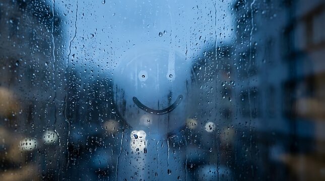 Smiley face drawn on a rainy window with blurred city lights in the background during evening