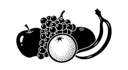 Fresh fruit illustration with apple grapes melon with white illustration selection black white nutrition healthy banana eating food diet © Asim