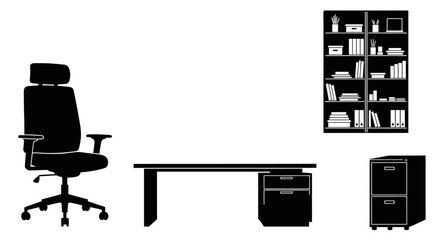 Office furniture and decor silhouettes on white background with black silhouettes file cabinet bookshelf workspace interior graphic design with chair © Asim