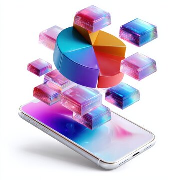 3D pie chart and data cubes appear above a smartphone showing data analysis in a digital setting