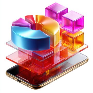 Colorful 3D shapes stacked on a smartphone showing a digital display of data and analytics