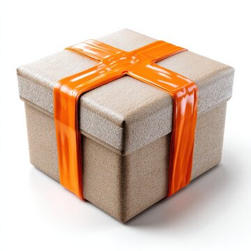 Gift box wrapped with orange ribbon placed on a clean surface indoors