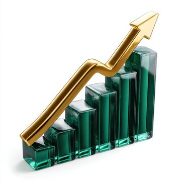 Growing bar graph with a golden arrow points upward