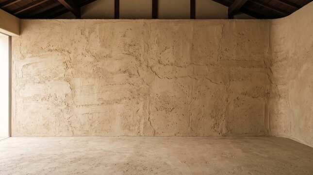 Empty Minimalist Room with Textured Beige Plaster Walls and Raw Concrete Floor