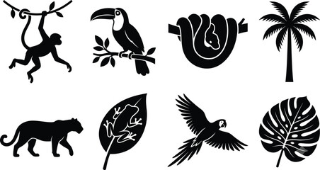 Fototapeta premium Silhouette Collection of Tropical Rainforest Animals and Plants in Vector Style
