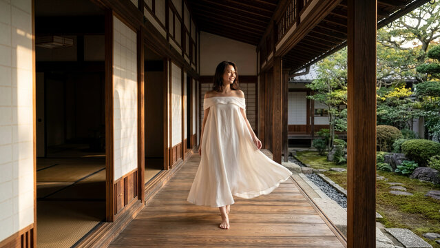美しい日本庭園を望む伝統的な日本家屋の縁側で、白いドレスを着た若い女性が笑顔で歩いています。リラックスした休暇やウェルネス、スローライフをテーマにした広告や記事に最適な画像です。