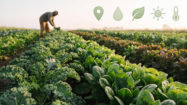 Agriculture icons hover above a lush vegetable field where a farmer is working during the early morning golden hour light.