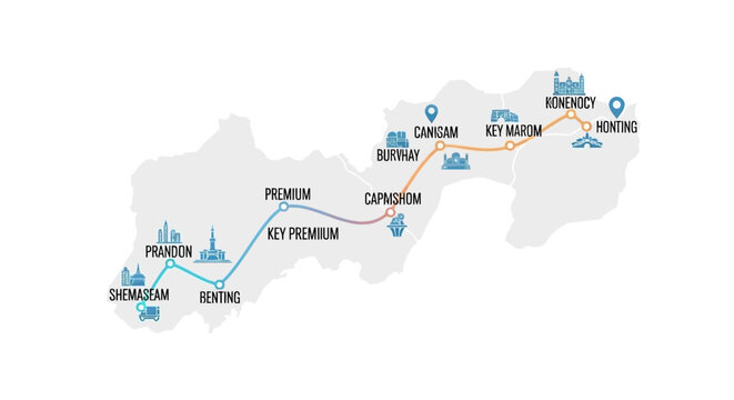 Map of a transportation network with cities and routes.