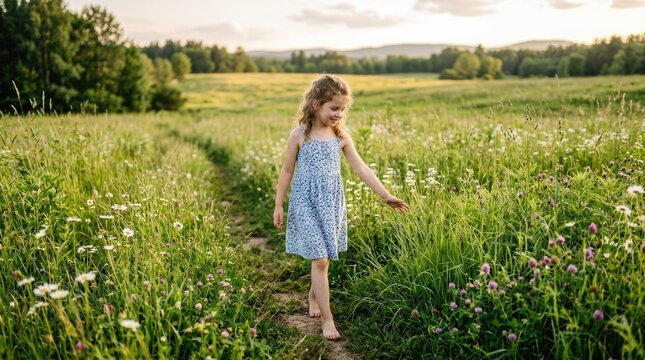 A young girl walks barefoot through a wildflower meadow. She is smiling and reaching out to touch a flower.