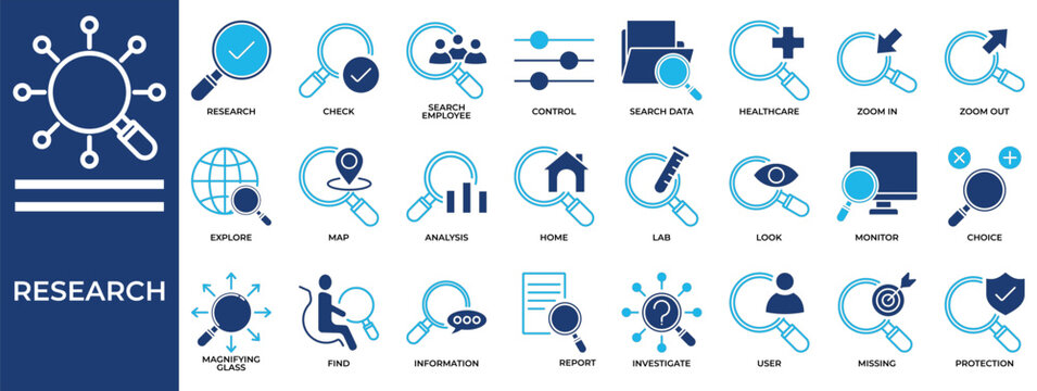 Research icon set collection. Containing examine, scan, question, selection, think, find, inspection .Solid vector icons collection