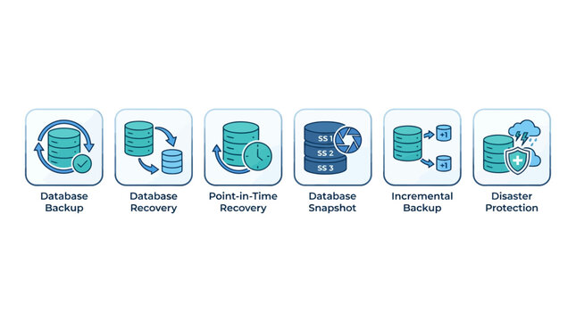 Vector Icon Set Representing Database Backup, Recovery, Snapshot, Incremental Backup, and Disaster Protection Processes