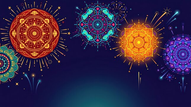 Colorful Mandala Fireworks Pattern on Dark Blue Celebration Background
