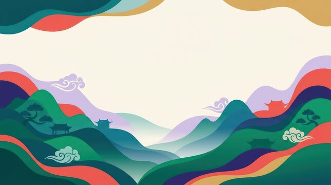 Abstract Asian landscape vector with misty valleys and pagodas
