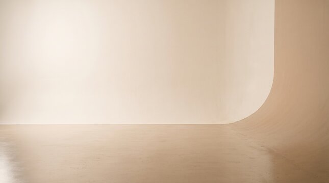 Minimalist Beige Studio Backdrop with Smooth Curved Background and Reflective Floor for Professional Product Photography Presentations