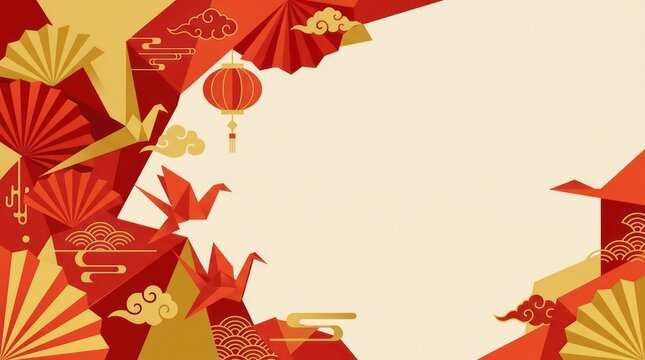 Chinese New Year Background with Origami Cranes and Paper Fans