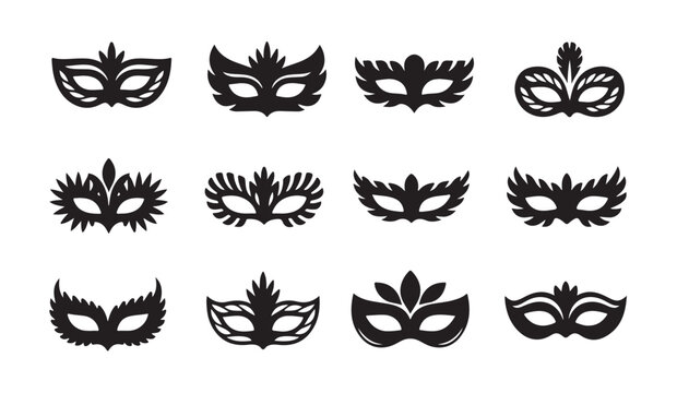 Collection of fancy masquerade mask silhouettes with floral and feather patterns for carnival party vector.