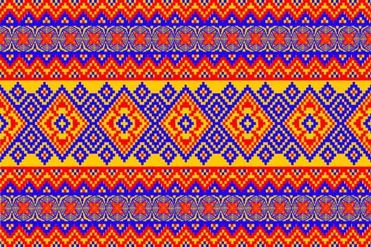 seamless geometric pattern
Ethnic and folk-inspired patterns featuring contrasting red and blue hues against a yellow background&mdash;designs well-suited for modern fashion, graphics, and wallpapers.