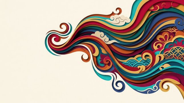 Abstract colorful paper cut waves and clouds background with oriental motifs