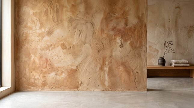 Empty interior room with textured earth tone plaster wall microcement floor wabi sabi minimalist background design concept
