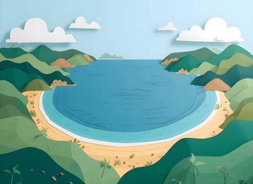 Wide Ocean Bay Surrounded by Layered Green Hills and Peaceful Beaches, Layered Paper Craft Illustration