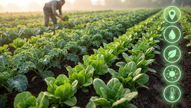 Farmer tending to organic leafy greens in a field features digital icons representing climate and agricultural monitoring metrics.