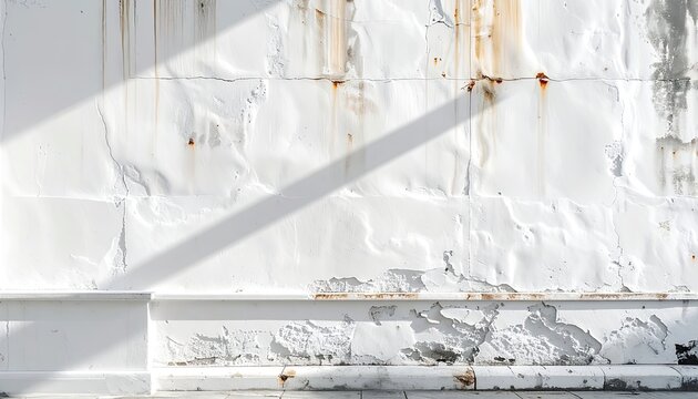 Textured white wall with peeling paint and rust stains, cast in shadow.