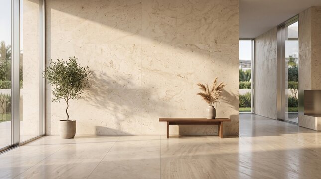 Modern Minimalist Interior Room with Natural Sunlight and Textured Beige Stone Wall Backdrop for Home Decor Presentation