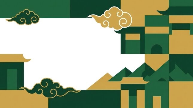 Abstract Chinese Theme Background with Green and Gold Geometric Elements