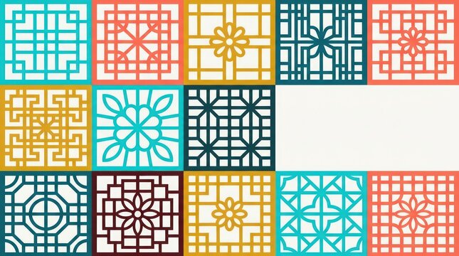 Colorful Traditional Chinese Window Lattice Patterns with Copy Space