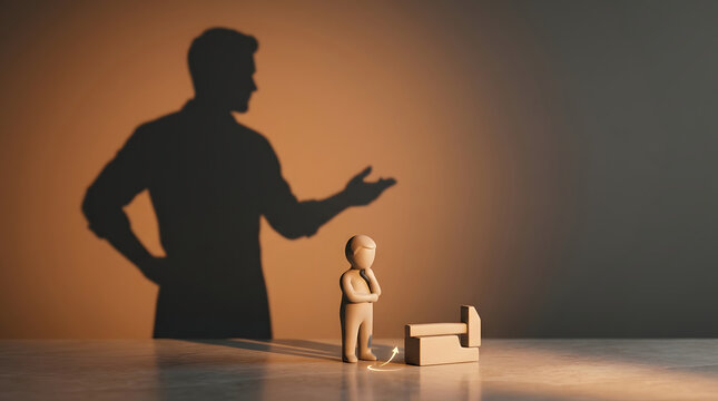 Business, leadership and shadow with small figure for ambition, growth and success. Career development, professional coaching and mentor with future goals, corporate vision and strategy for power
