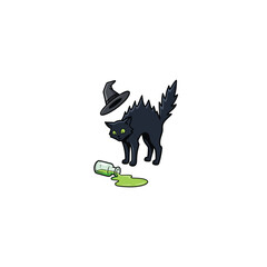 Fototapeta premium Illustration Of A Black Cat With Green Eyes Wearing A Witch Hat, Beside A Spilled Potion Bottle On The Ground, Halloween Magic Scene Vector Illustration