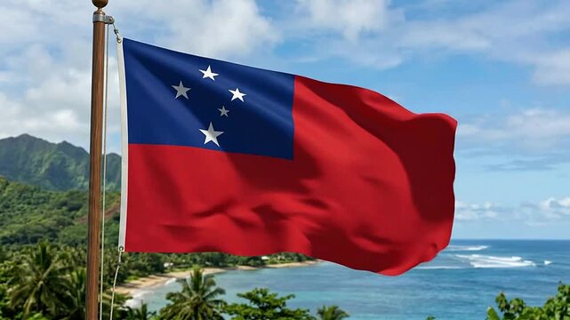 Flag of Samoa waving against tropical coastal landscape