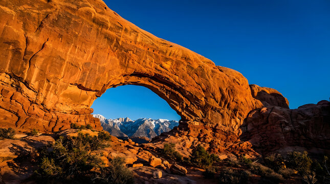 North window arch in arches national park, utah showcases sunny sandstone against a blue sky with mountains. Perfect for travel marketing.